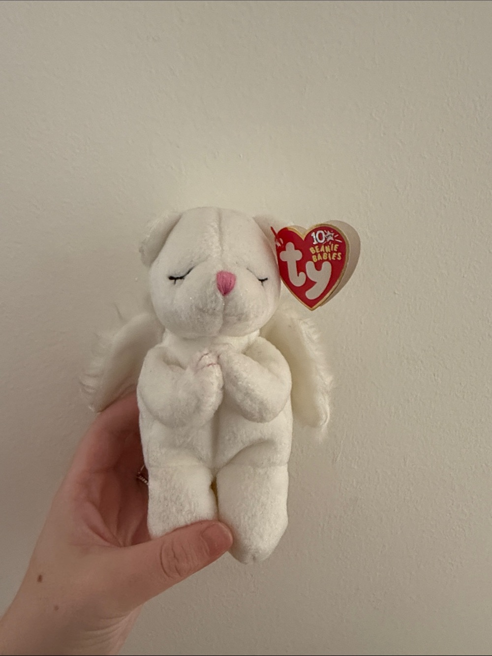 Ty White Angel Bunny Beanie Baby with Pink Nose